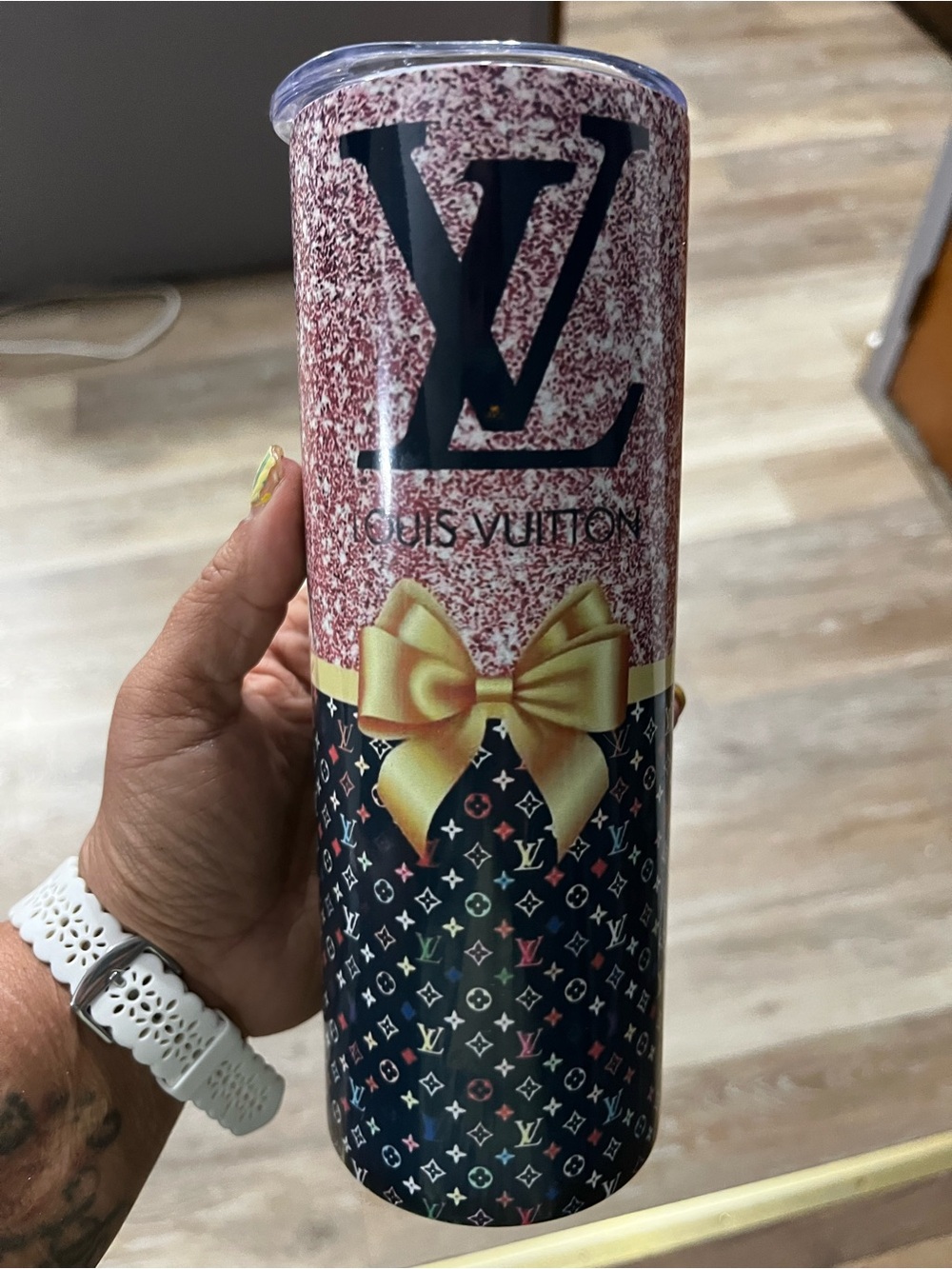 20oz Louis Vuitton Glitter Monogram Tumbler - Pink, Black & Gold Bow